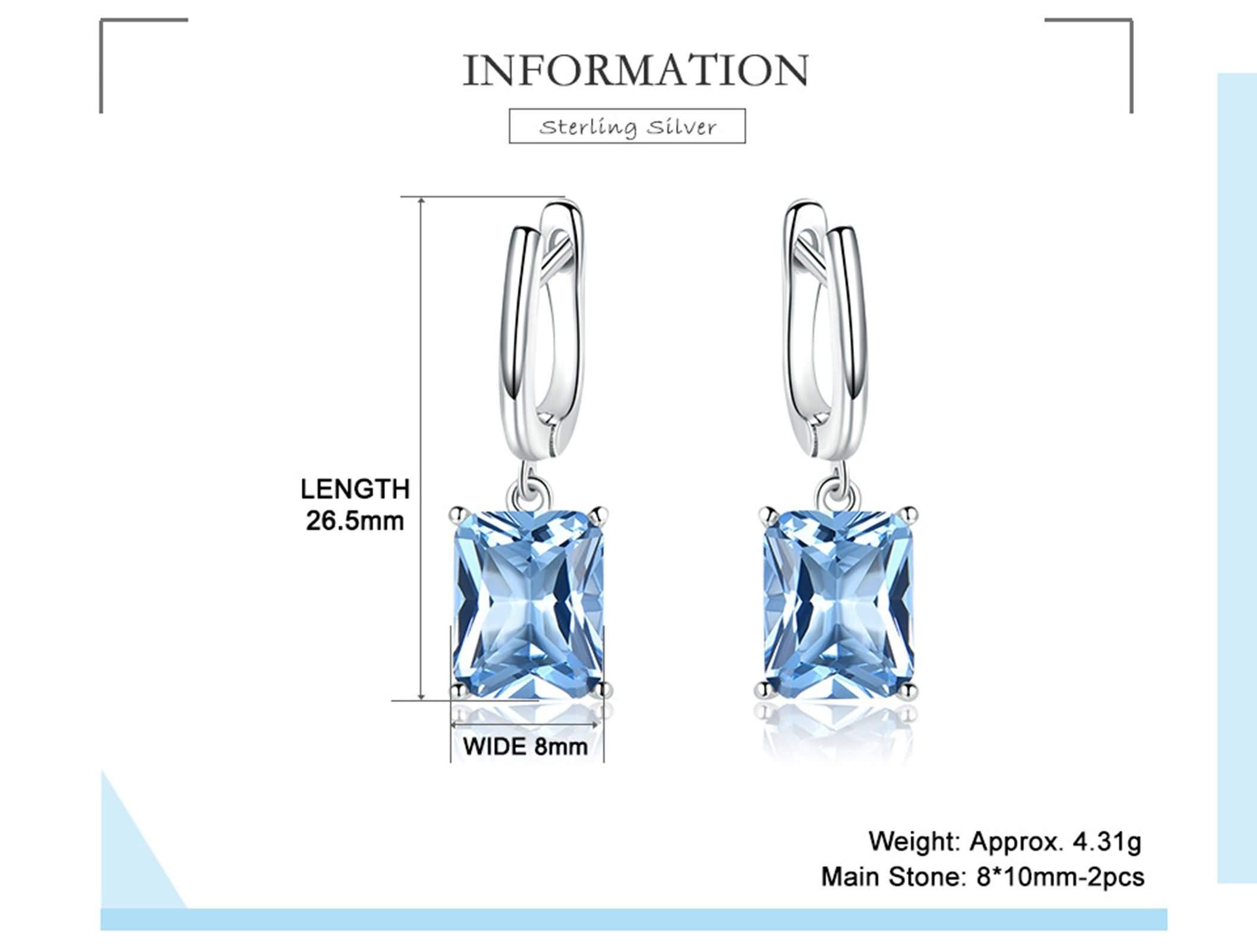 Orecchini da donna, orecchini da donna, per matrimonio, quadrato, in argento 925, per donna con topazio blu