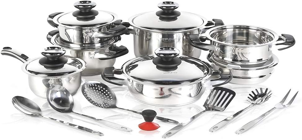 20-Pcs Stainless Steel Cookware Set Stockpot Pots and Pans Set Frying Pan Milk Pan, Steamer, Pan, Salad Bowl, Suction, Casserole Utensils set Dishwasher Safe