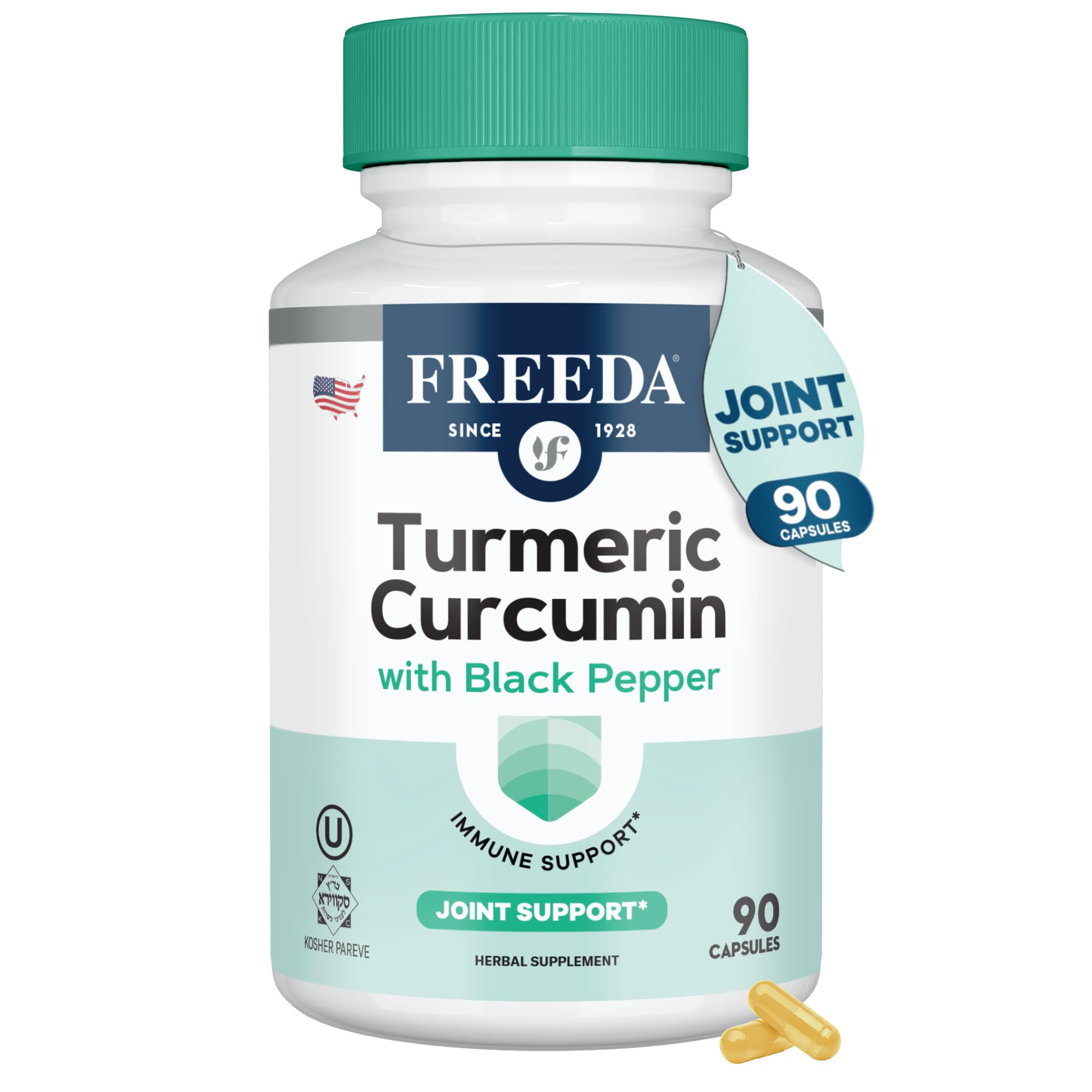 FREEDA Turmeric Curcumin Supplement 1000mg with Black Pepper - 90 Caps
