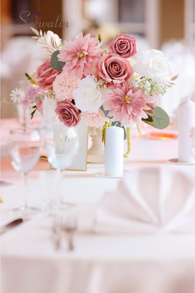 Serwalin Artificial Flowers Wedding Pink Flowers Silk Fake Dahlia Cake Flowers for Wedding Bouquets Table Centerpieces Birthday Party Bridal Baby Shower Home Decorations - Image 7