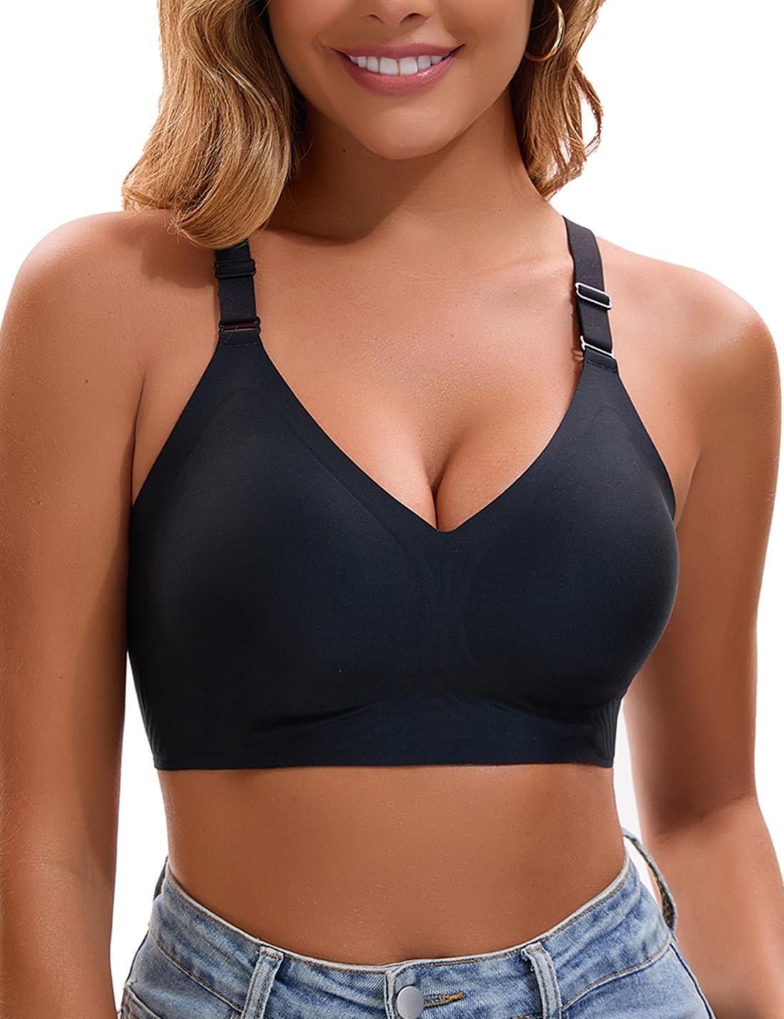 Womens Deep V Bras Wireless Comfortable Bra Supportive No Underwire Bras Tshirt Push Up Bralettes Plunge Seamless Bra
