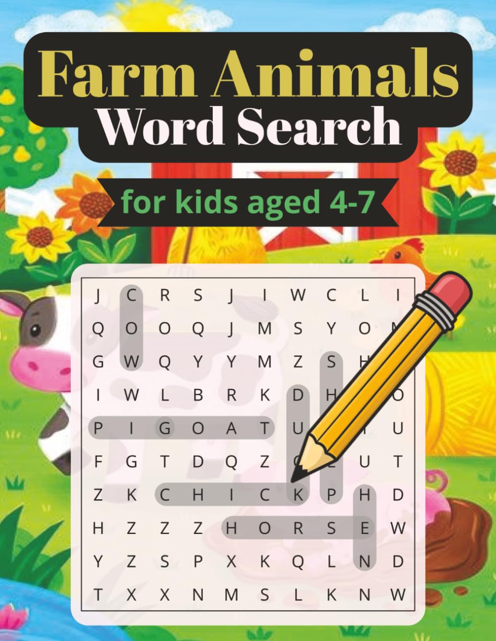 Farm Animals Word Search: Fun and Easy Puzzle Book with Cute Farm Animals, Big Letters, and Simple Words | Preschool Learning Activity with Solutions| Large Print |