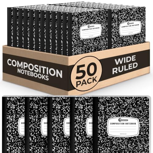 Rosmonde Composition Notebooks Bulk, 50 Pack, Wide Ruled, Black Marble