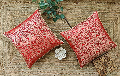 Craftbot Red Gold Throw Pillow Covers - Faux Silk Brocade Decorative Pillows 20X20 Set Of 2 Damask Pattern Indian Jacquard Cushion Luxury Accent For Sofa Bed Cover Only, 20 X 20 Inches #TOP2