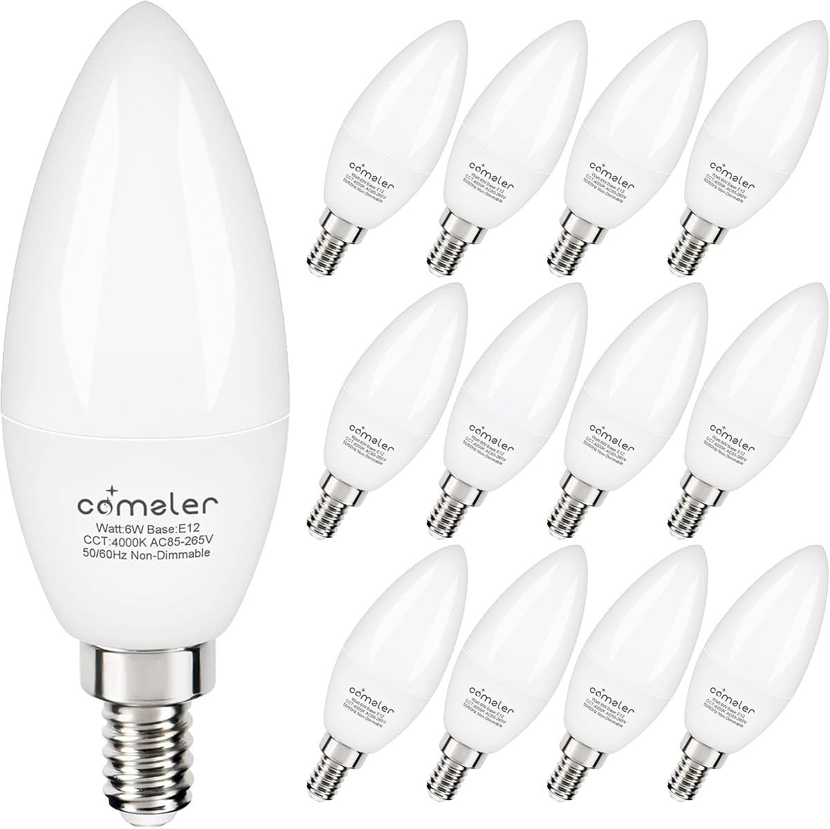 Paquete de 12 bombillas LED E12 para candelabro, equivalente a 60 W, blanco natural 4000 K | Bombilla de luz tipo vela tipo B, bombilla de ventilador de techo de base pequeña CRI85+ 120V, 600LM, 6W LED B11 No regulable