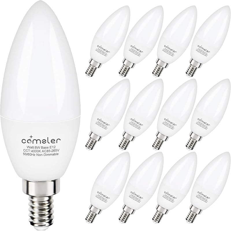Paquete de 12 bombillas LED E12 para candelabro, equivalente a 60 W, blanco natural 4000 K | Bombilla de luz tipo vela tipo B, bombilla de ventilador de techo de base pequeña CRI85+ 120V, 600LM, 6W LED B11 No regulable