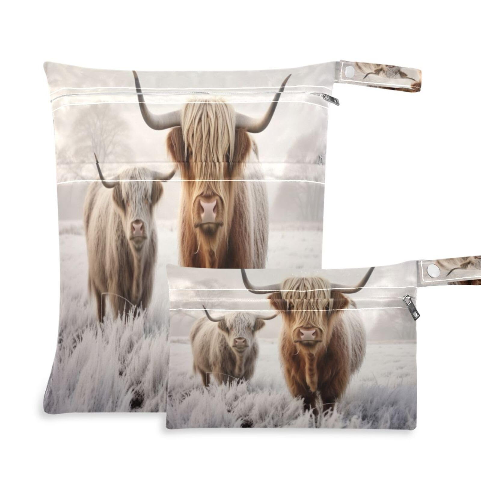 ATTX Cool Highland Cow Wet Dry Bags 2-Pack - Reusable Cloth Diaper Storage for Travel, Beach & Gym | Multi-Use Waterproof Bags for Swimsuits, Baby Clothes, Sports Gear#568