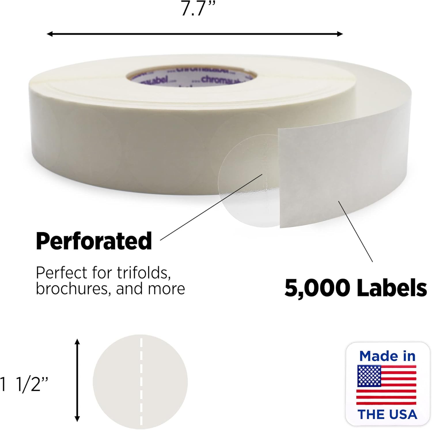 ChromaLabel 1.50 Inch Round Clear Wafer Seals, 5000 Stickers per Roll, Perforated