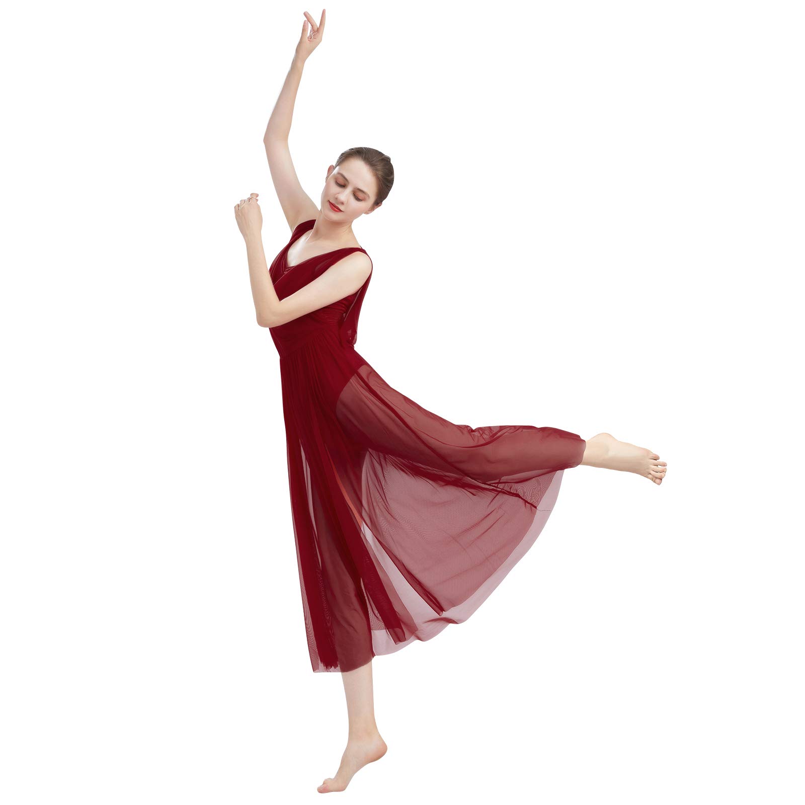 FYMNSI Adult Women Lyrical Dance Costume Modern Contemporary Dancewear V-Neck Backless Split Mesh Tulle Long Skirt Flowy Overlay Dress Stage Performance Clothing