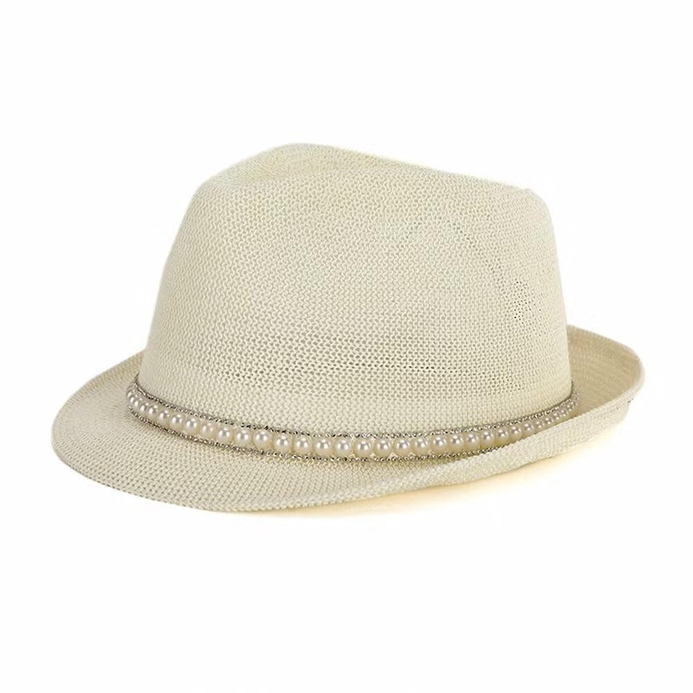 Plancholo Women's Beige Lady Panama Hat Short Brim Fedora Hat With Pearl Band, Unisex Lightweight Mesh Straw Hat For Men