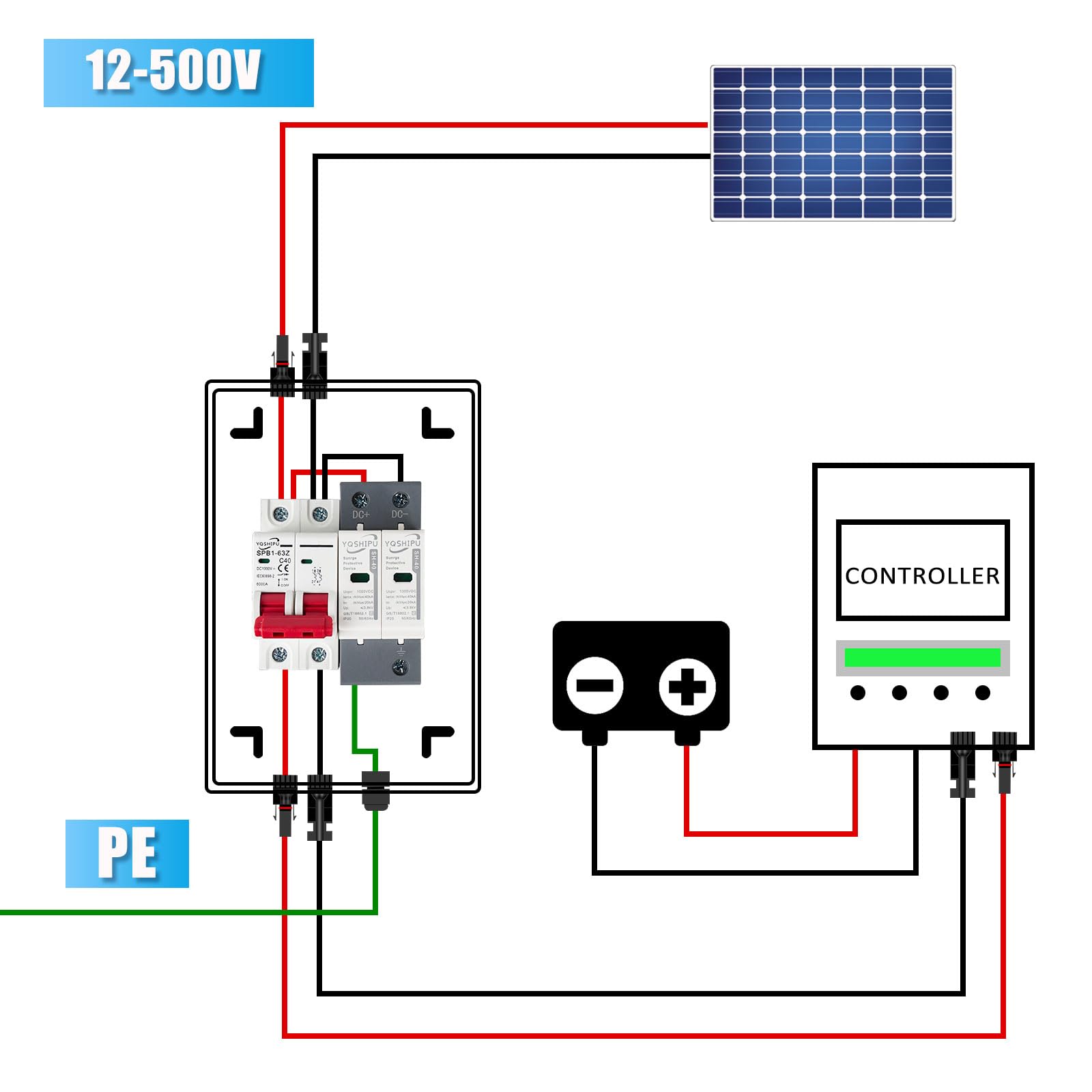 1 x 1000 V 40 A DC solarny przełącznik rozłączający puszkę łączącą z ochroną przeciwprzepięciową i złączami paneli słonecznych, wodoodporna IP65 Plug and Play