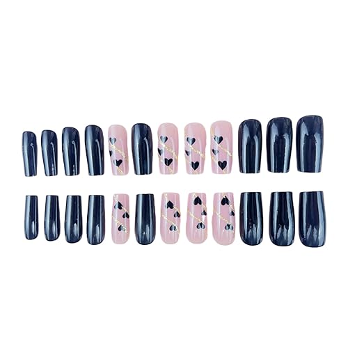 Miniatura 3 de Uñas postizas medianas a presión para el día de San Valentín, uñas postizas cuadradas con diseños de corazón, uñas postizas negras y rosadas,