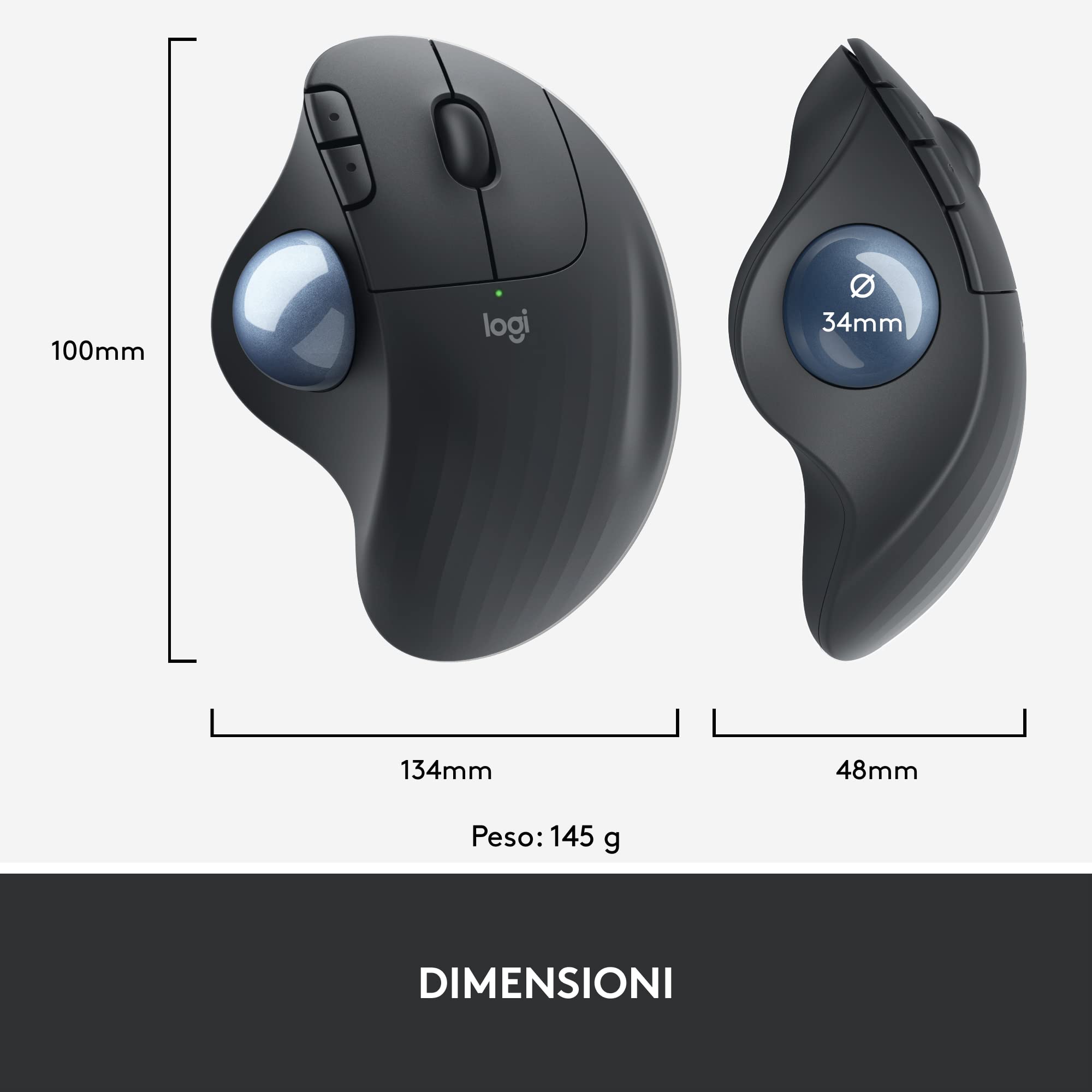 Logitech ERGO M575 Trackball wireless for Business - Controllo facile con il pollice, design ergonomico, Logi Bolt sicuro, Bluetooth, certificazione globale, Windows/Mac/Chrome/Linux - Graphite
