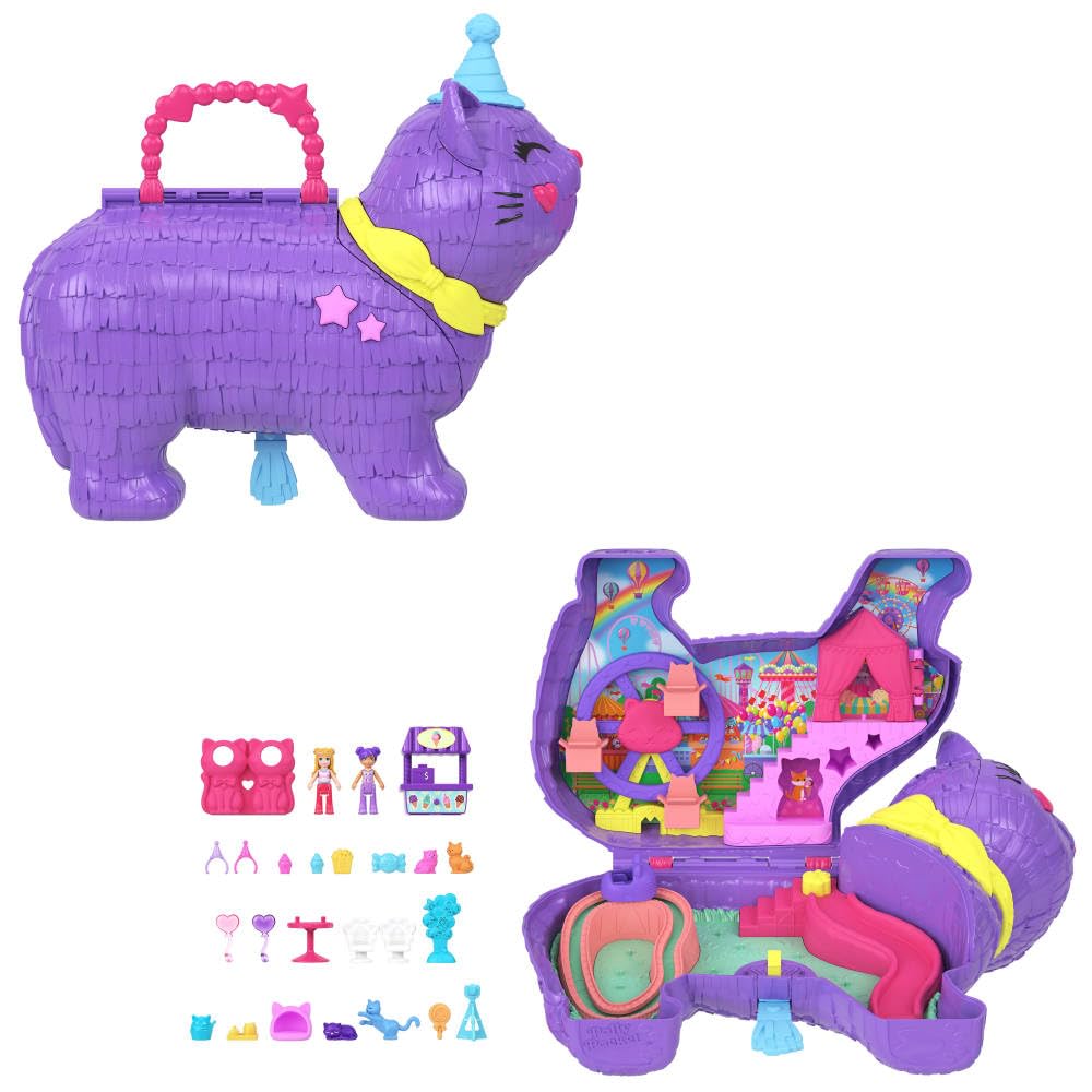 Polly Pocket Micro Dolls & Playset with 23 Surprise Accessories Including Animals, Birthday Party Cat Playset, Ferris Wheel Ride JFT90-image-14