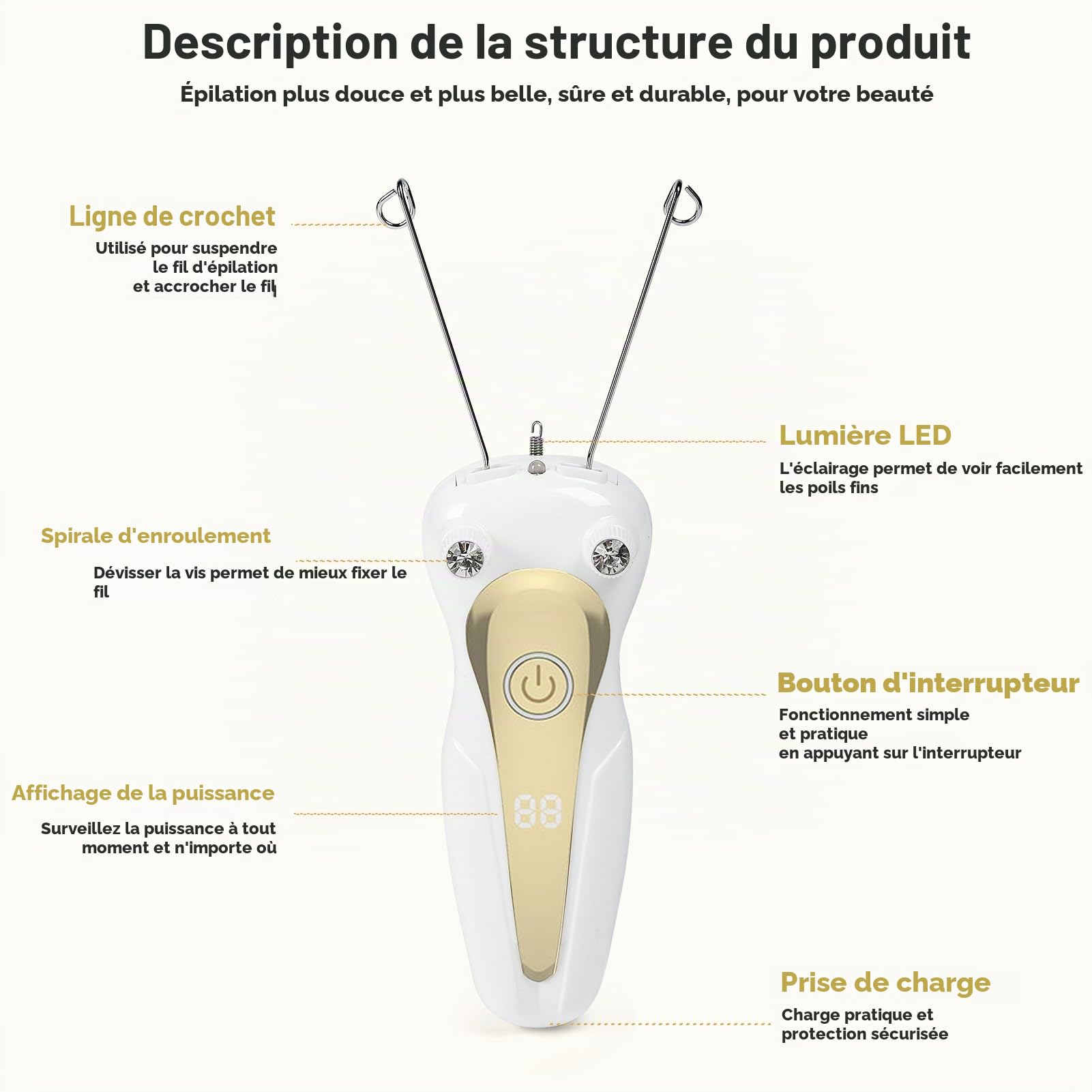 Épilateur électrique pour femme Épilateur à fil de coton pour le visage Épilateur électrique à fil de coton Épilateur facial pour les bras et les jambes Doré.