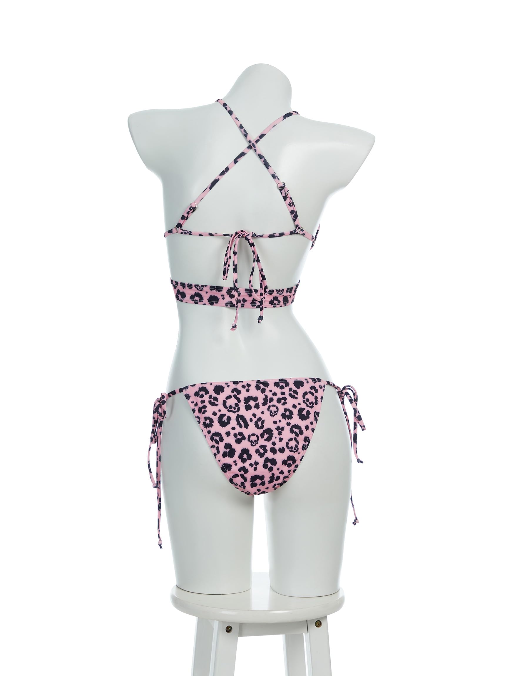 haikyuu Women Leopard Bikini Set Pink Sexy Two Piece Swimsuit Halter Bikini Set Tie Side Bathing Suit: Standard Large Pink