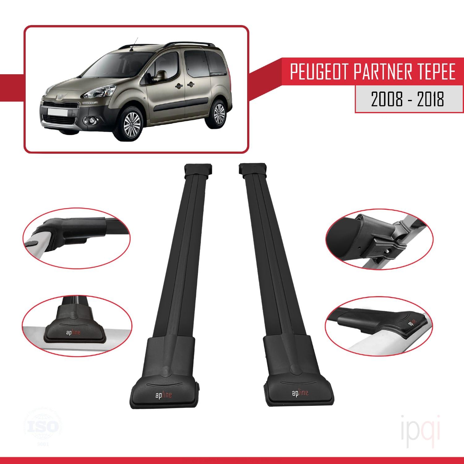 RE&AR Tuning Compatible con Peugeot Partner 2 Tepee 2008-2018 Fly Model Barras de Techo Auto Portaequipajes Barras Transversales Negro Aluminio 2 Barras