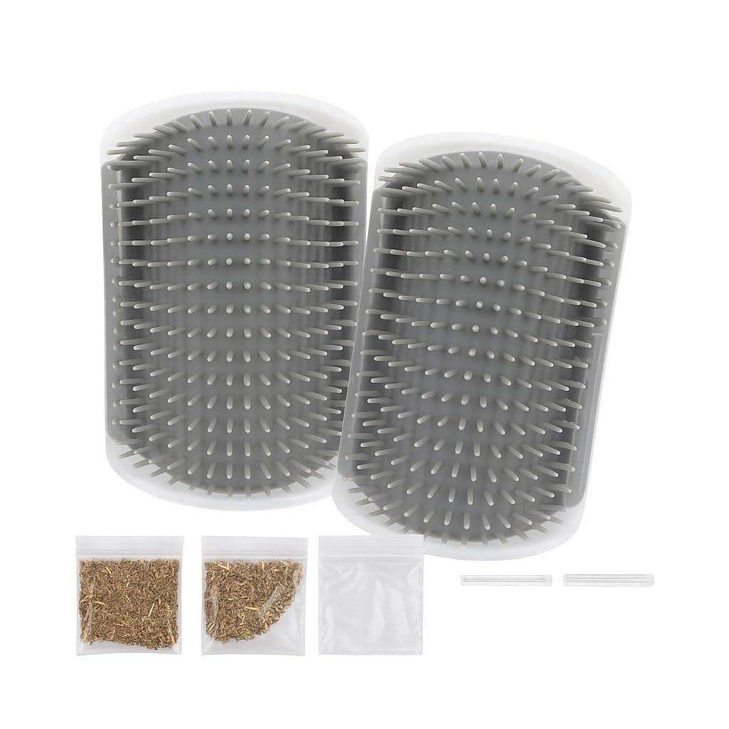 Cat Self Groomer for Wall – 2-Pack Cat Corner Brush & Scratcher with Catnip – Self Grooming Wall Mounted Brush for Indoor Cats