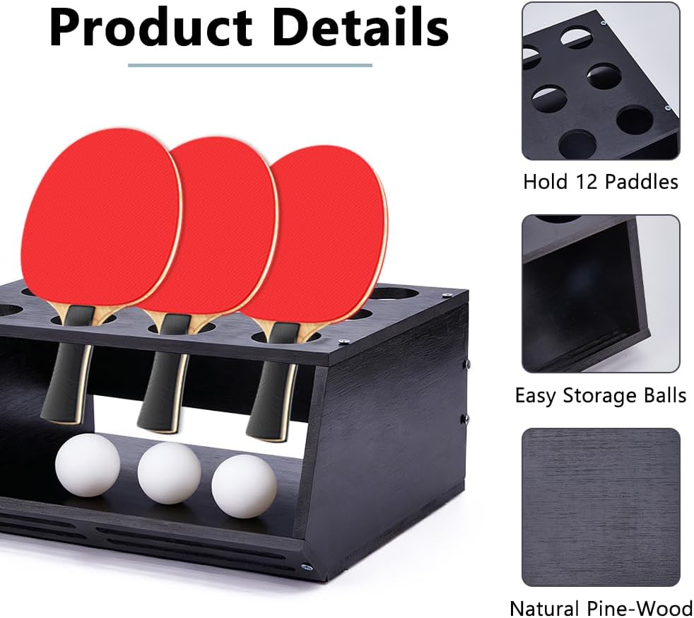 DICOSMETIC 1Pc Ping Pong Paddle Storage Rack 2 in 1 Wall-Mount Table Tennis Paddle Display Holder Hold 12Pcs Rackets and Balls Storage Shelf 30.5x21x13.5cm Black