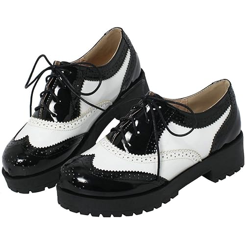 Agodor Women's Lace up Wingtip Oxford Shoes Chunky Heel Platform Vintage Round Toe Brogue Shoes