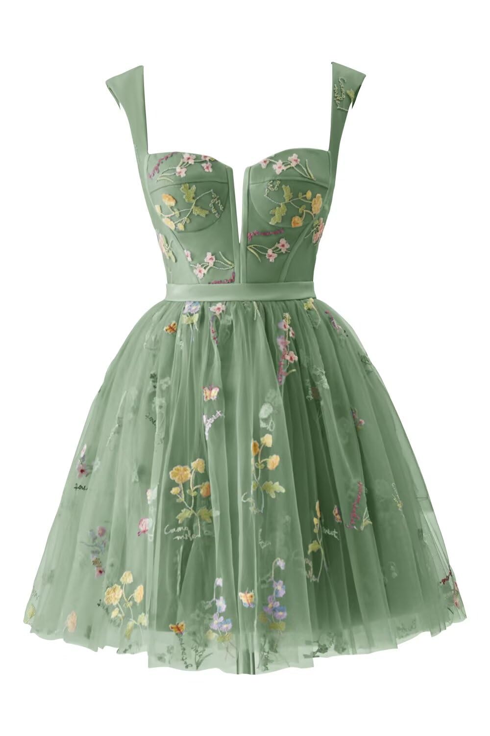 Eightale Vestido corto de tul con bordado de flores, para fiesta de graduación, con tirantes delgados