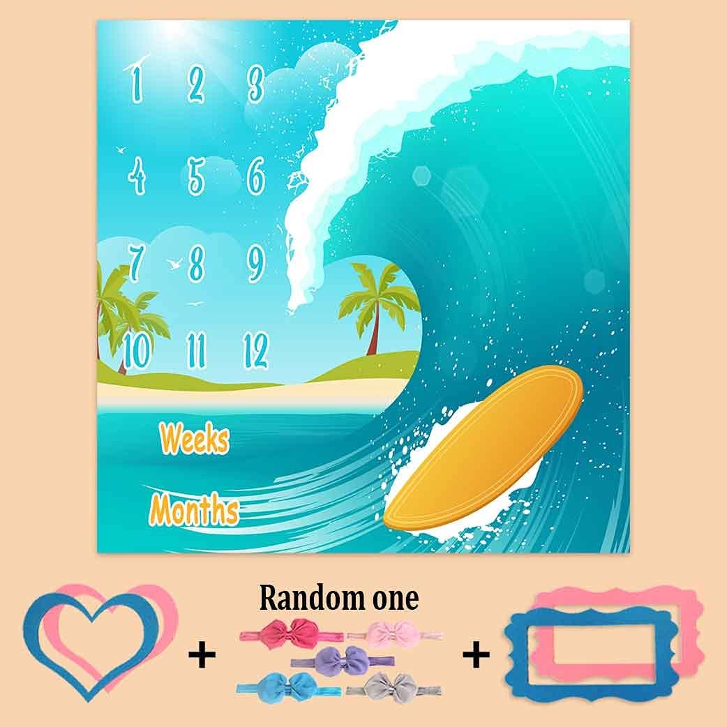Baby Monthly Milestone Blanket, Sea Surfboard Waves, Newborns 1 to 12 Months Unisex Include 4 Frames and 1 Headband 47"x47"BTLSPH495