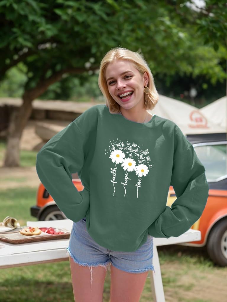 Christian Sweatshirts For Women Oversize Faith-Hope-Love Daisy Graphic Pullover Top Casual Loose Fit Tops - Image 3