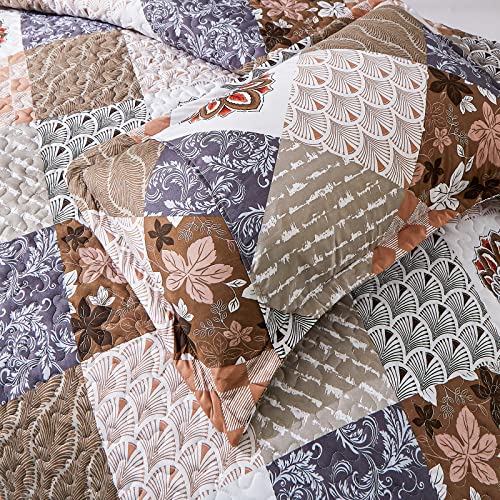 Luxudecor Brown Boho Quilt Set King Size 3 Pieces Floral Plaid Bedspread Coverlet Set For All Season Patchwork Reversible Bedding Quilt King 90"X104" #TOP5