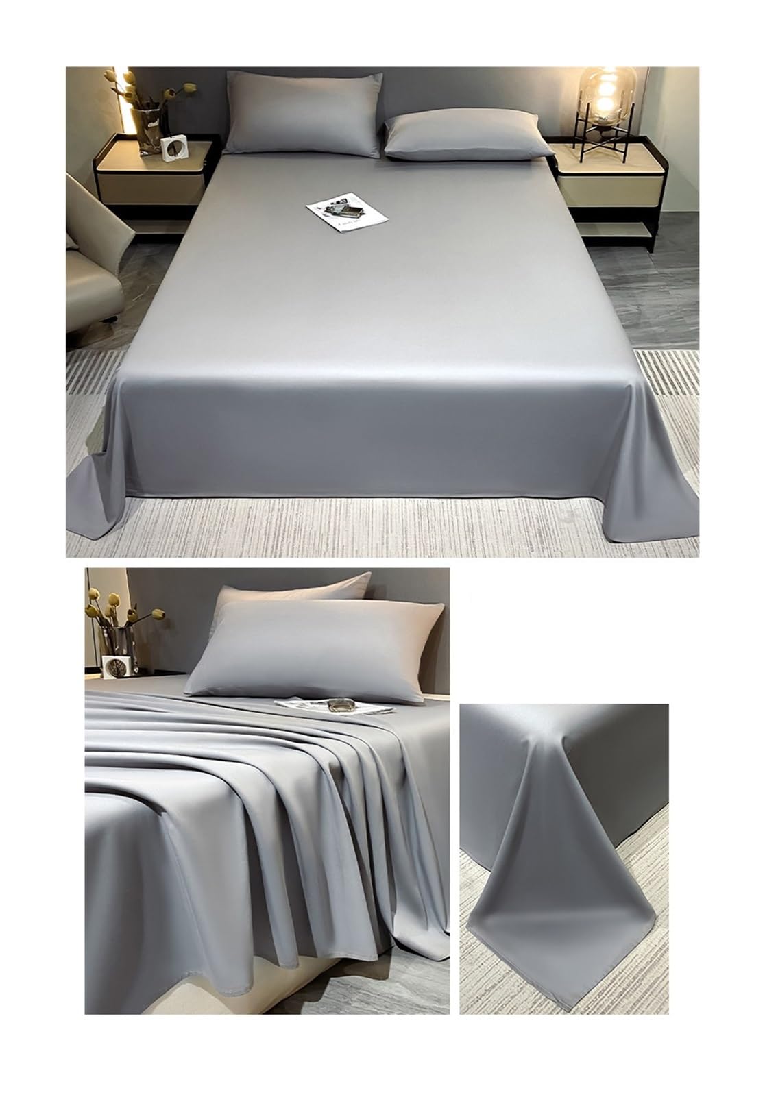 Sabanas encimeras Cama 90cm a 200cm de 120x230cm a 245x270cm Sábana Plana 100% algodón para Mujeres Hombres niños Adolescentes y niños(Light Gray,245x270cm+48x74cm x2)
