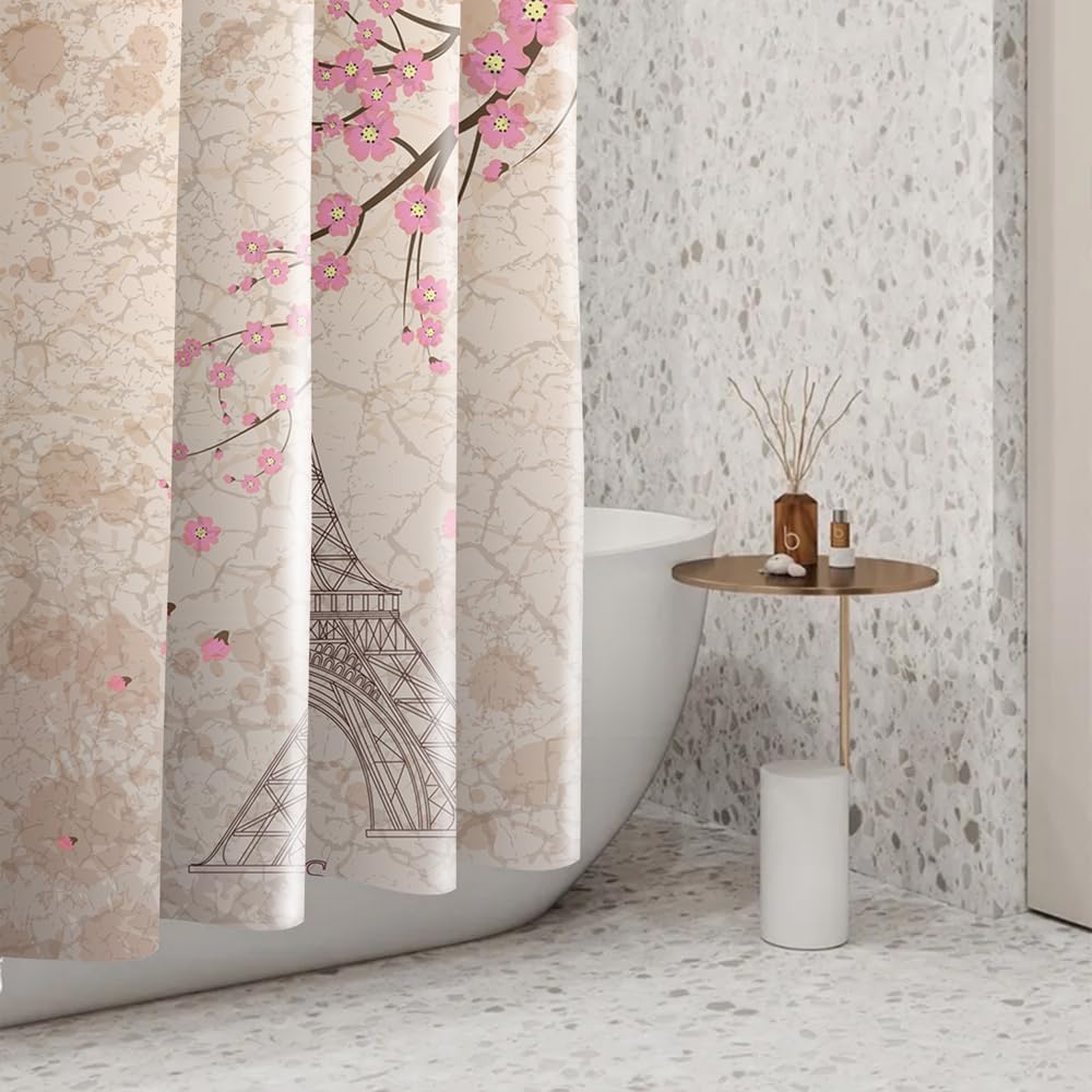Paris Eiffel Tower Shower Curtain Pink Cherry Blossom Vintage Romantic France Scenery Shower Curtains Bathroom Accessories Waterproof Polyester Fabric with Hooks, 72 x 96 Inch