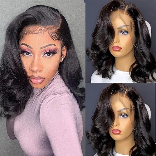 Miniatura 2 de Pelucas de cabello humano corto ondulado con encaje frontal transparente HD de 13 x 4 para mujeres, cabello brasileño de 150 % de densidad, peluca