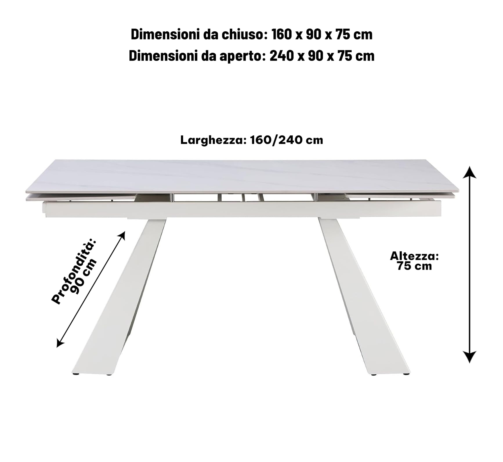 Cribel Tavolo da Pranzo Vermont Allungabile 160–240 cm | Piano in Gres Porcellanato Effetto Marmo | Gambe in Metallo a Trapezio Inclinato | Design Moderno e Imponente