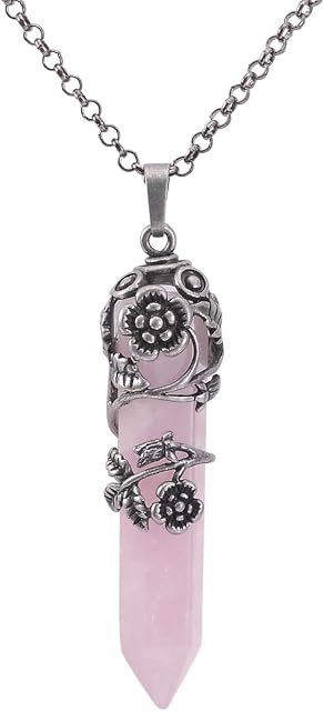 Jovivi Antique Silver Flower Wire Wrapped Rose Quartz/Amethyst/Aventurine/Opalite Gemstone Hexagonal Healing Point Chakra Pendant Necklace 24"