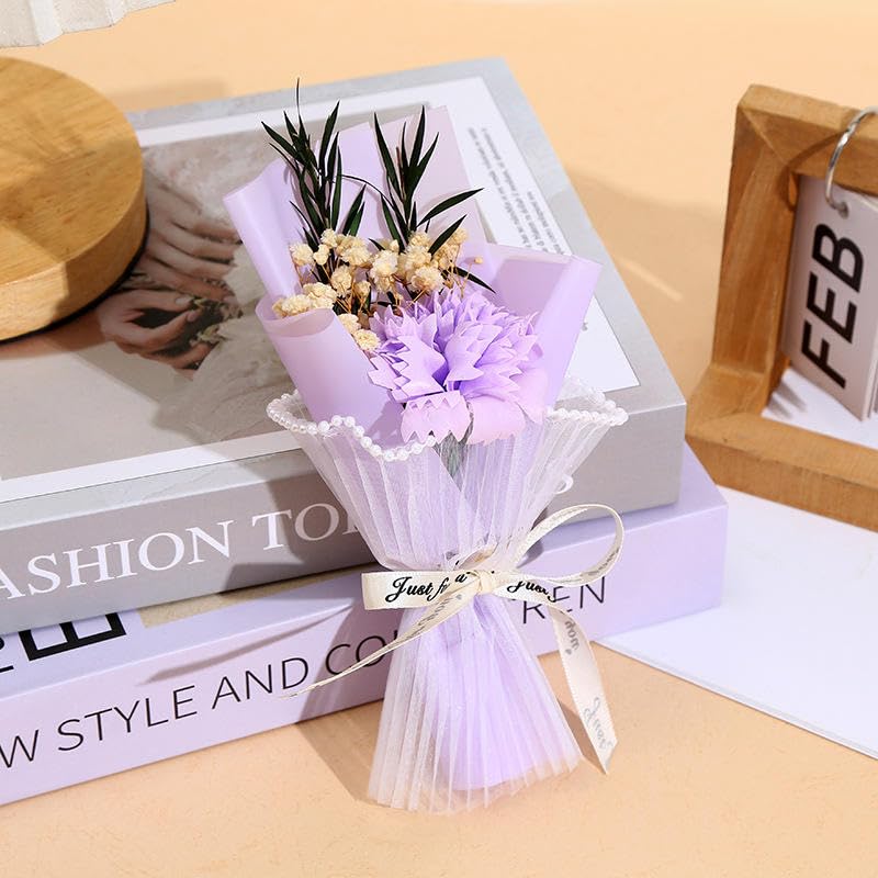 Image of Mini Artificial Flower Bouquet Gifting, Preserved Look Flower Pearl Net Wrap inchJust for You inch, Romantic Small Gift Valentine, Birthday, Proposal, Home & Desk Decor (Lavender)