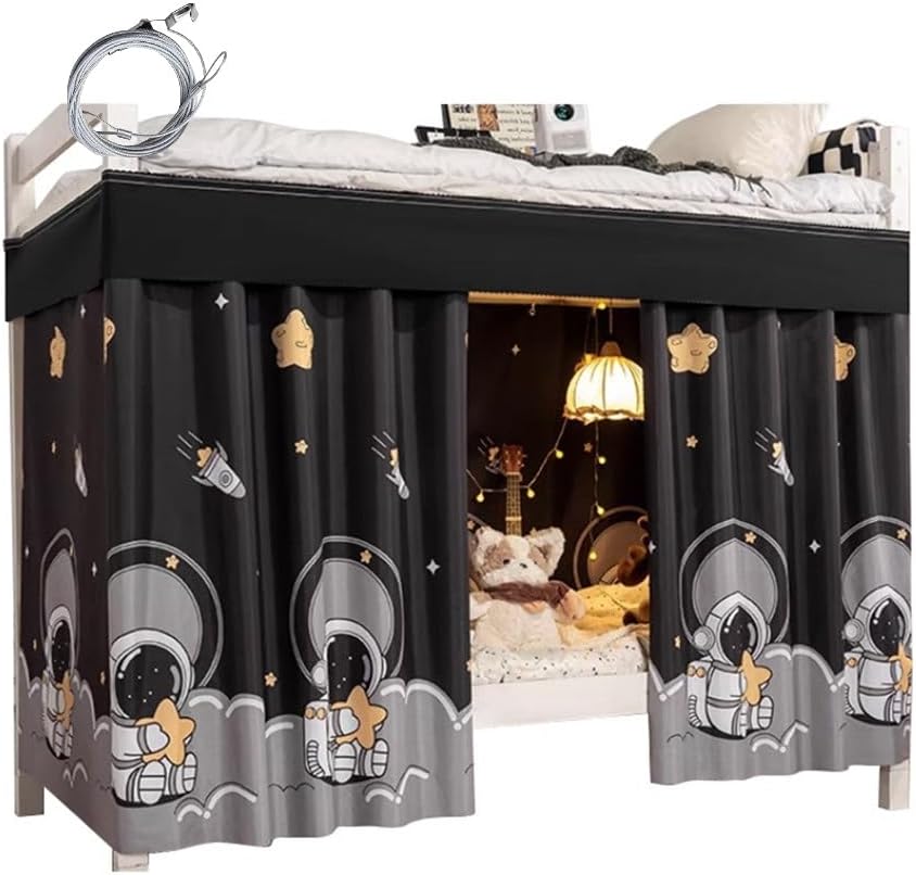 2 Panels Cute Blackout Bunk Bed Curtains Twin Top Bottom for Kids Boys Girls, No Sagging, Black Spaceboy