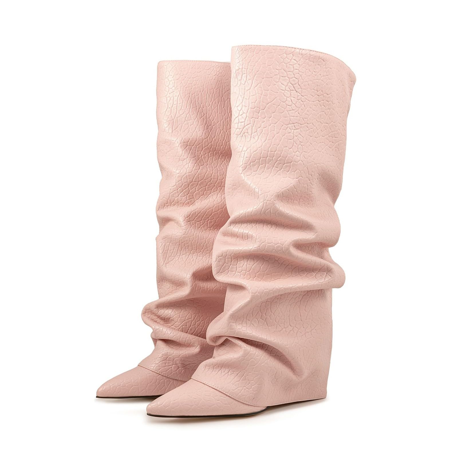 Botas Altas Mujer Caña Ancha, Botas Mujer Invierno Elegante Salvaje Tacón Grueso Hasta La Rodilla Moda Retro Casual Fold Over Bota Con Punta Puntiaguda Sólido Sexy Plisada Antideslizante Bota