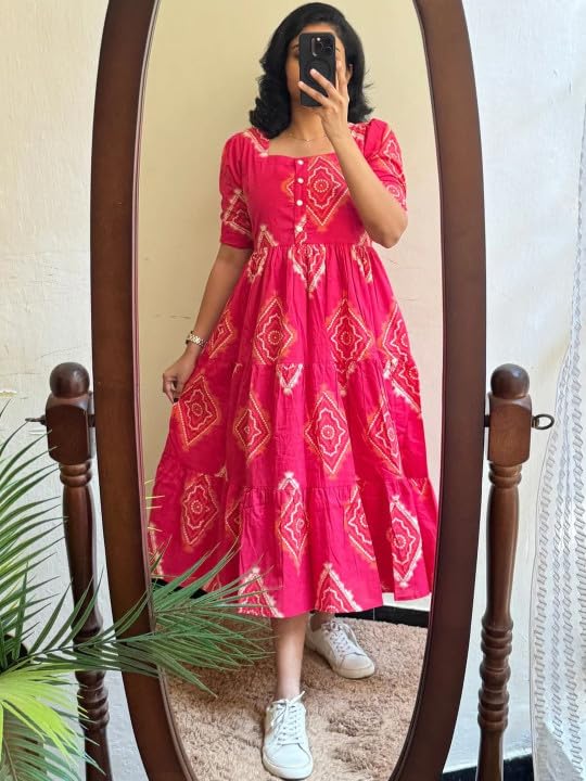 Image of Women's Rayon Floral Printed Midi Dress | Casual Fit & Flare One Piece Dress for Women | Stylish Short Sleeve Western Dress