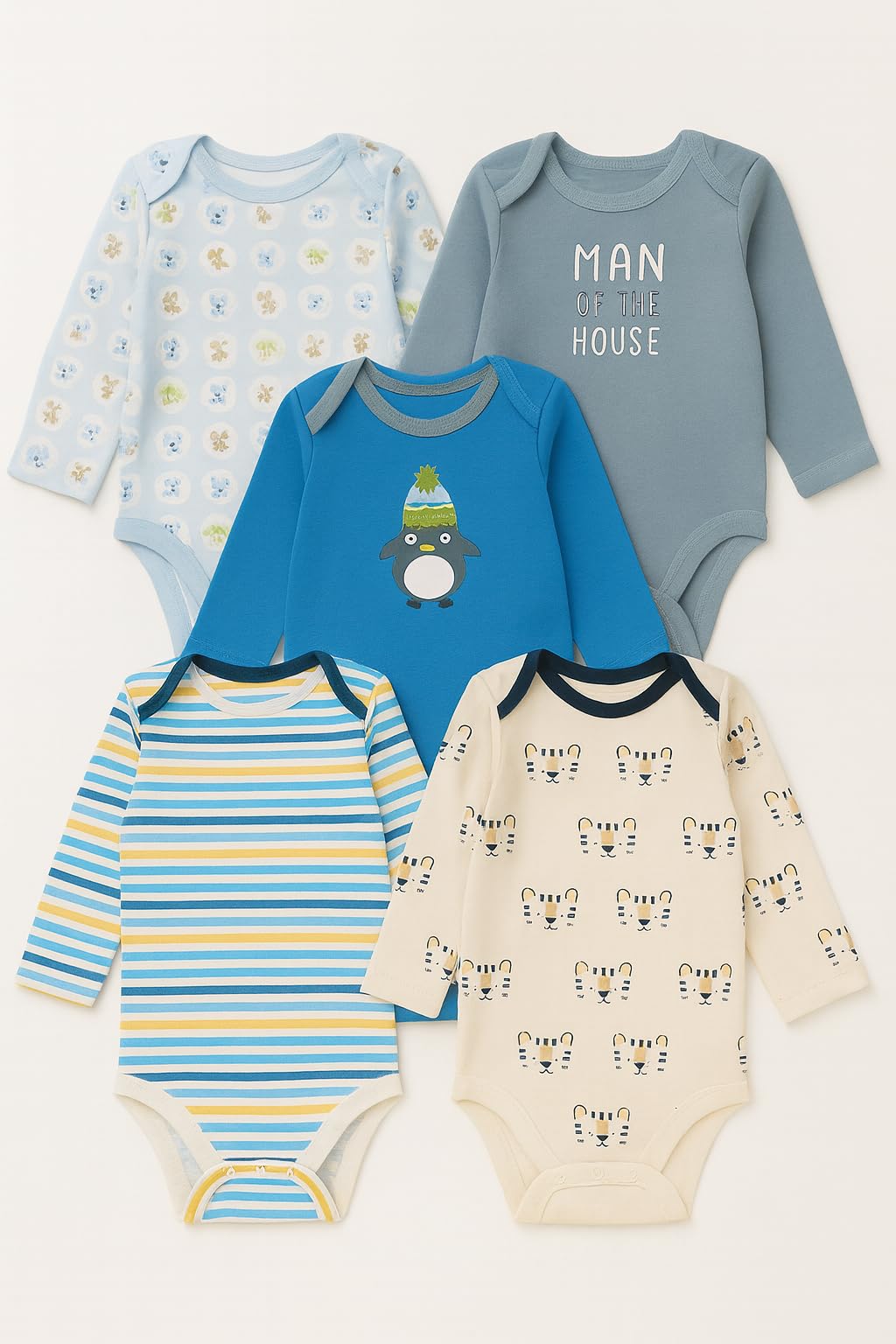 TuddyBuddy 100% Cotton Multi Color Long Sleeves Bodysuits/Rompers for Baby Boy (Pack of 5 - Stretchy Pastels Colors, 3-6 Months Baby) 4