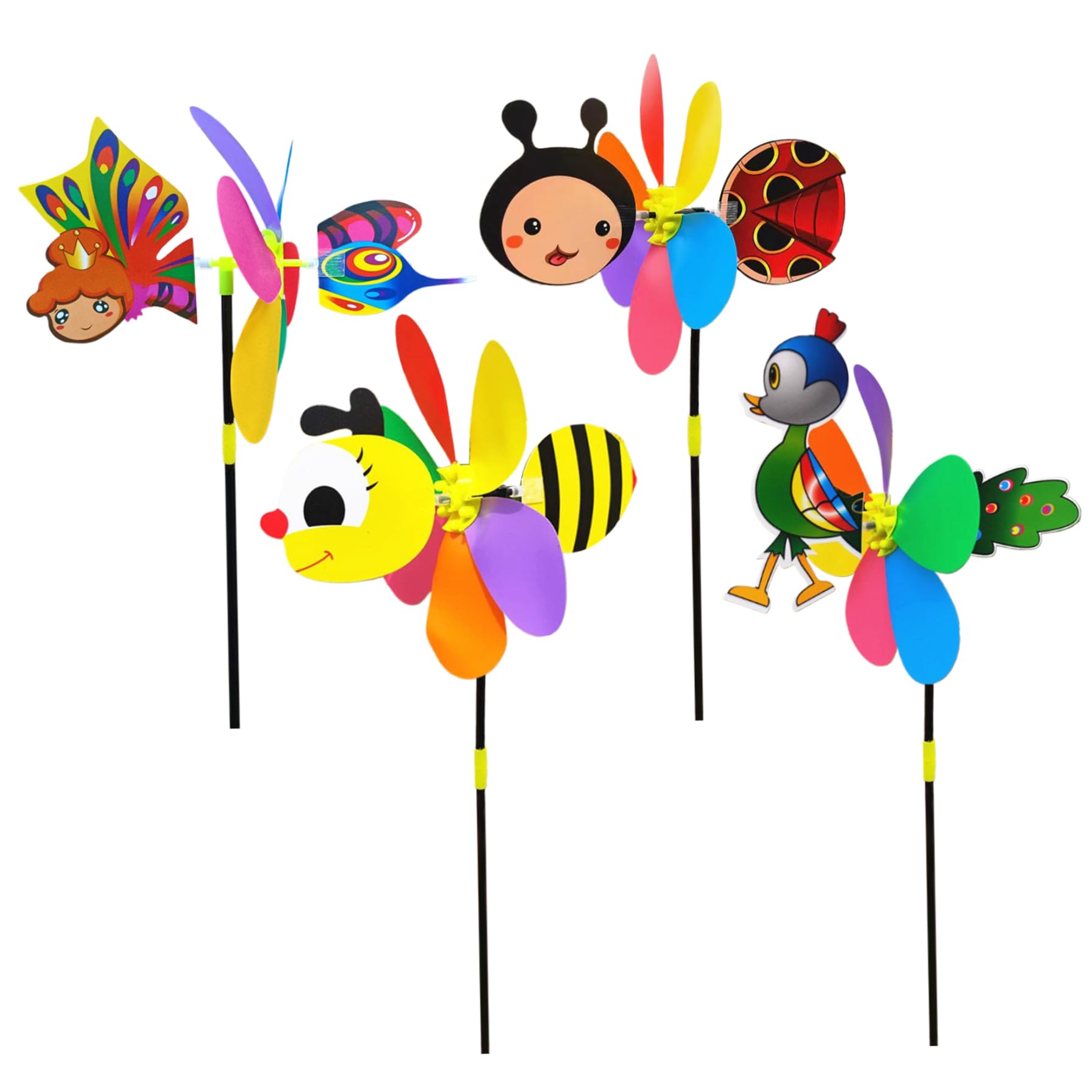 Wxyestna 4Pcs Pinwheels for Kids 21x10 Inch Bee Ladybug Angel Peacock Wind Spinners Outdoor Cute Animal Sculpture for Garden Yard