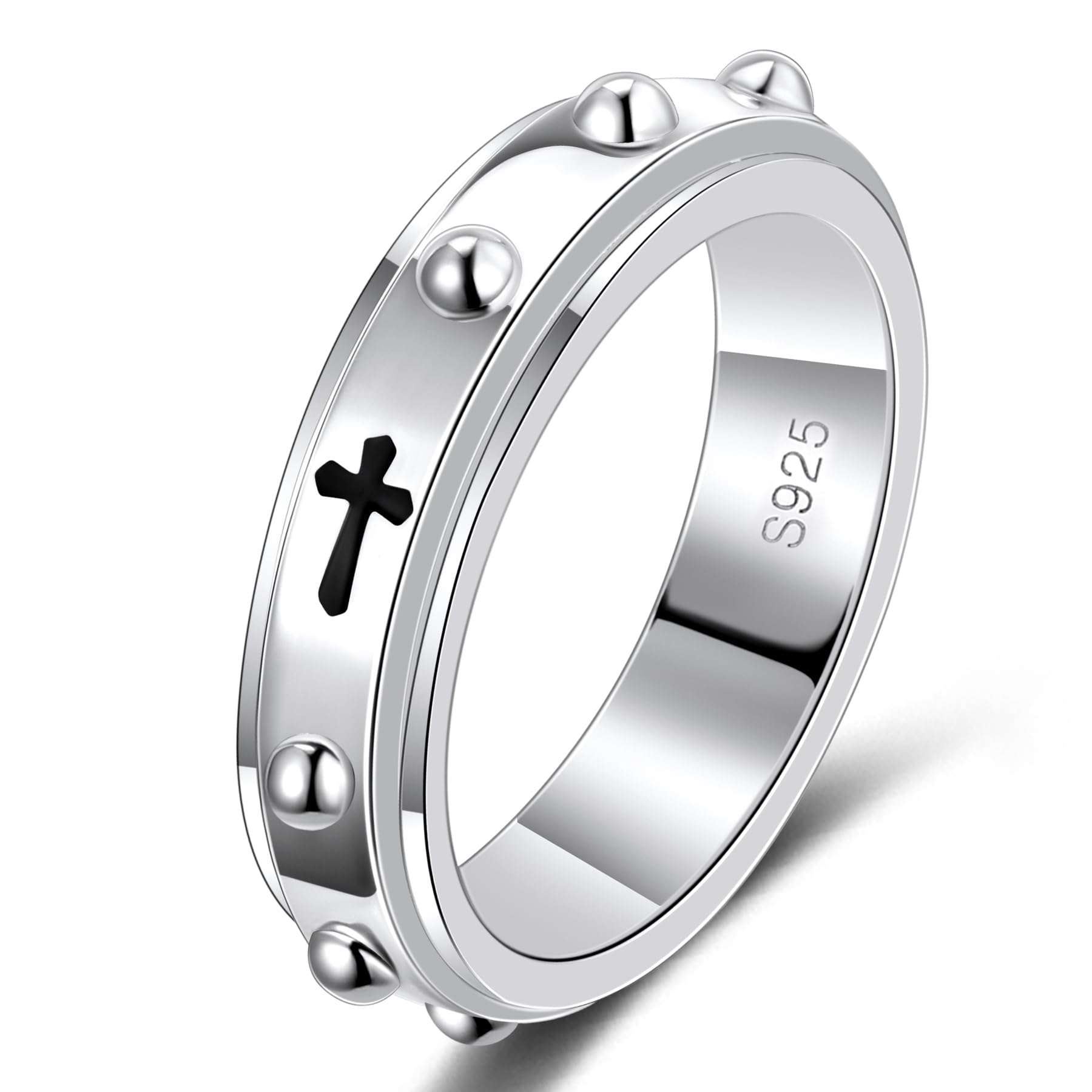 LYTTMAB 6MM Sterling S925 Silver Rosary Spinner Ring For Men, Finger Decade Rosary Ring For Women, Catholic Anxiety Fidget Ring