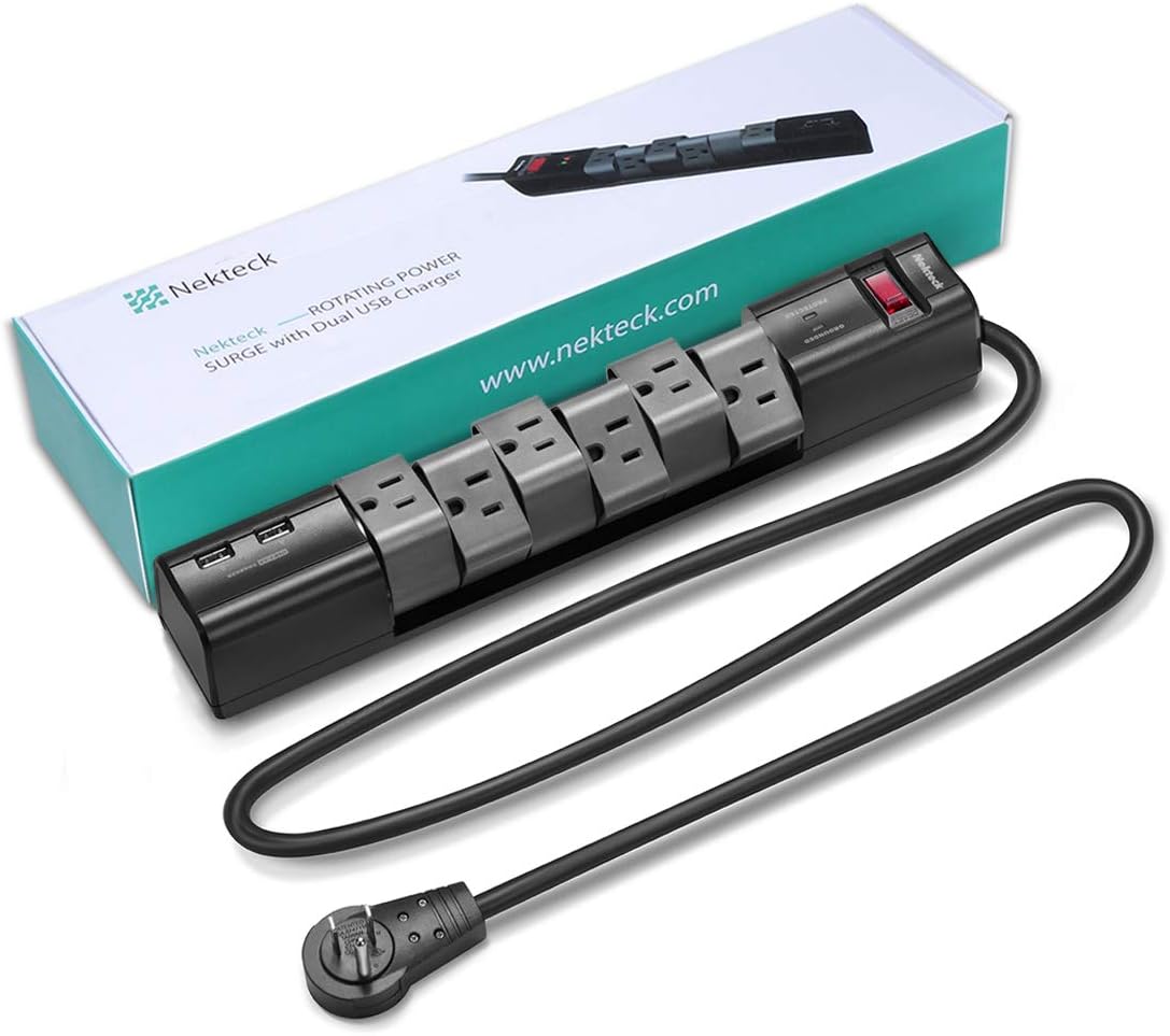 Grеаtеѕt Prоduсt Flat Plug Surge Protector, Nekteck Surge Protector Power Strip with 2 USB Port and 6 Rotating-Outlet, 590 Joule,15A 1800W 6ft Extension Cord, Wall-mountable Surge Protector for Home Office Hotel