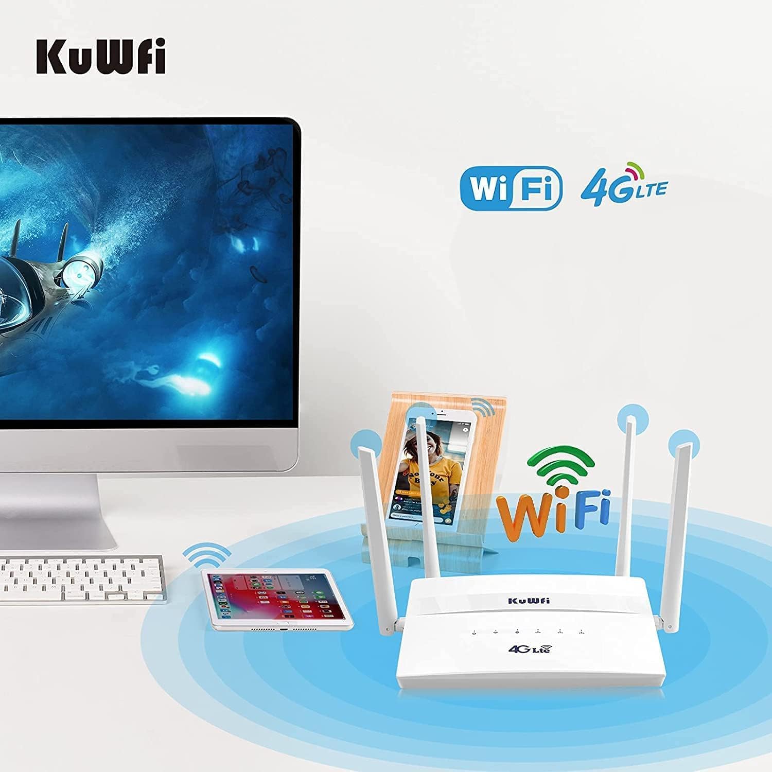 KuWFi C910SP Routeur 4G LTE avec SIM, WiFi Double Bande, Modem 750 Mbps | Routeur 4G Débloqué, Compatible APN et VPN, Réseaux FDD/TDD, Connexion LAN pour Camping-car, Voyage, Jardin, Chalet et Bureau