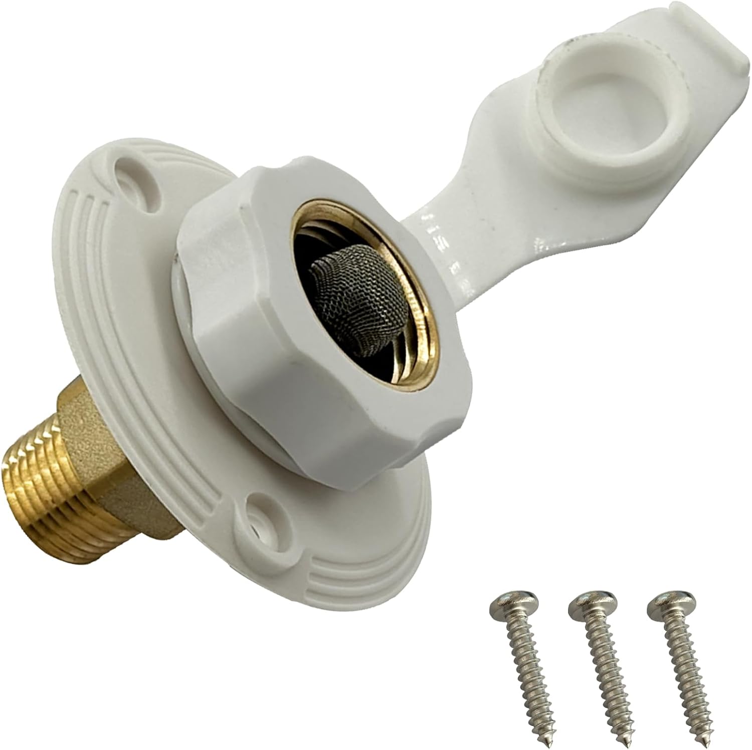 RV City Water Fill Inlet Flange Brass Replacement for Camper Trailer Marine No Hose Elbow with Check Valve (White)