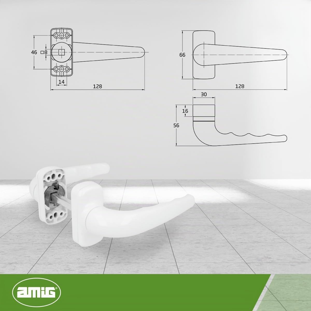 Amig - Juego de Manilla de Roseta Reforzada - Modelo Sendoa - Fabricada en Aluminio - Medida: 125 X 66 mm - Cuadradillo de 8 mm - Blanco