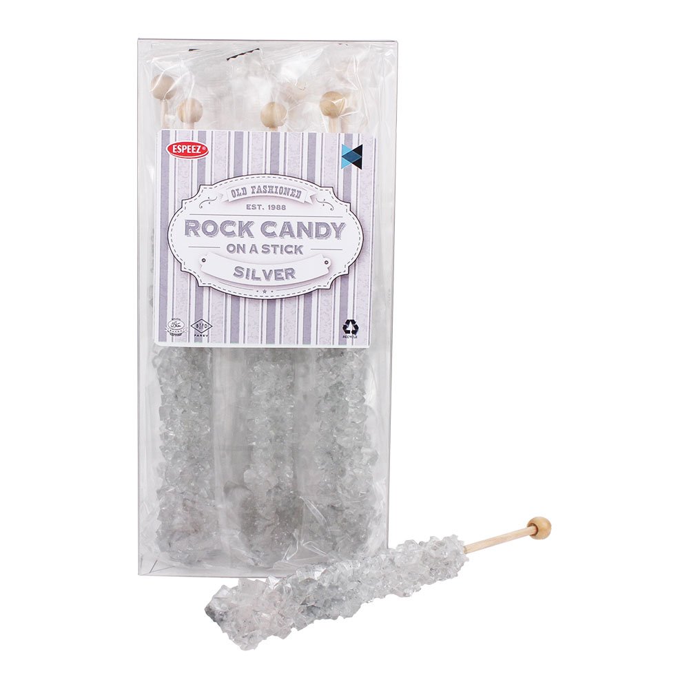 EspeezExtra Large Rock Candy Sticks: 12 Original Lollipop - Silver Rock Candy Sticks - Individually Wrapped - Crystal Rock Candy for Candy Buffet, Birthdays, Weddings, Receptions and Baby Shower