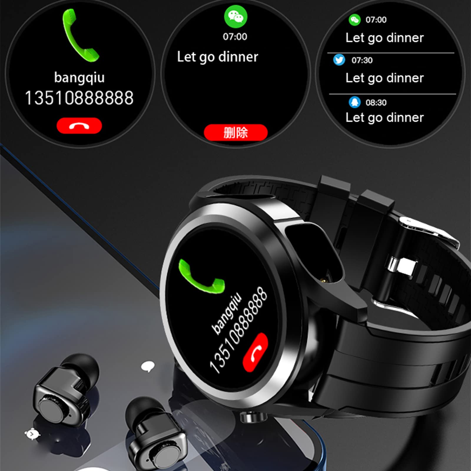 Słuchawki Bluetooth Smart Watch Full Touch, dla mężczyzn i kobiet. Sterowanie muzyką Smartwatch z pulsometrem do Android iOS. Monitorowanie tętna, monitorowanie ciśnienia krwi.
