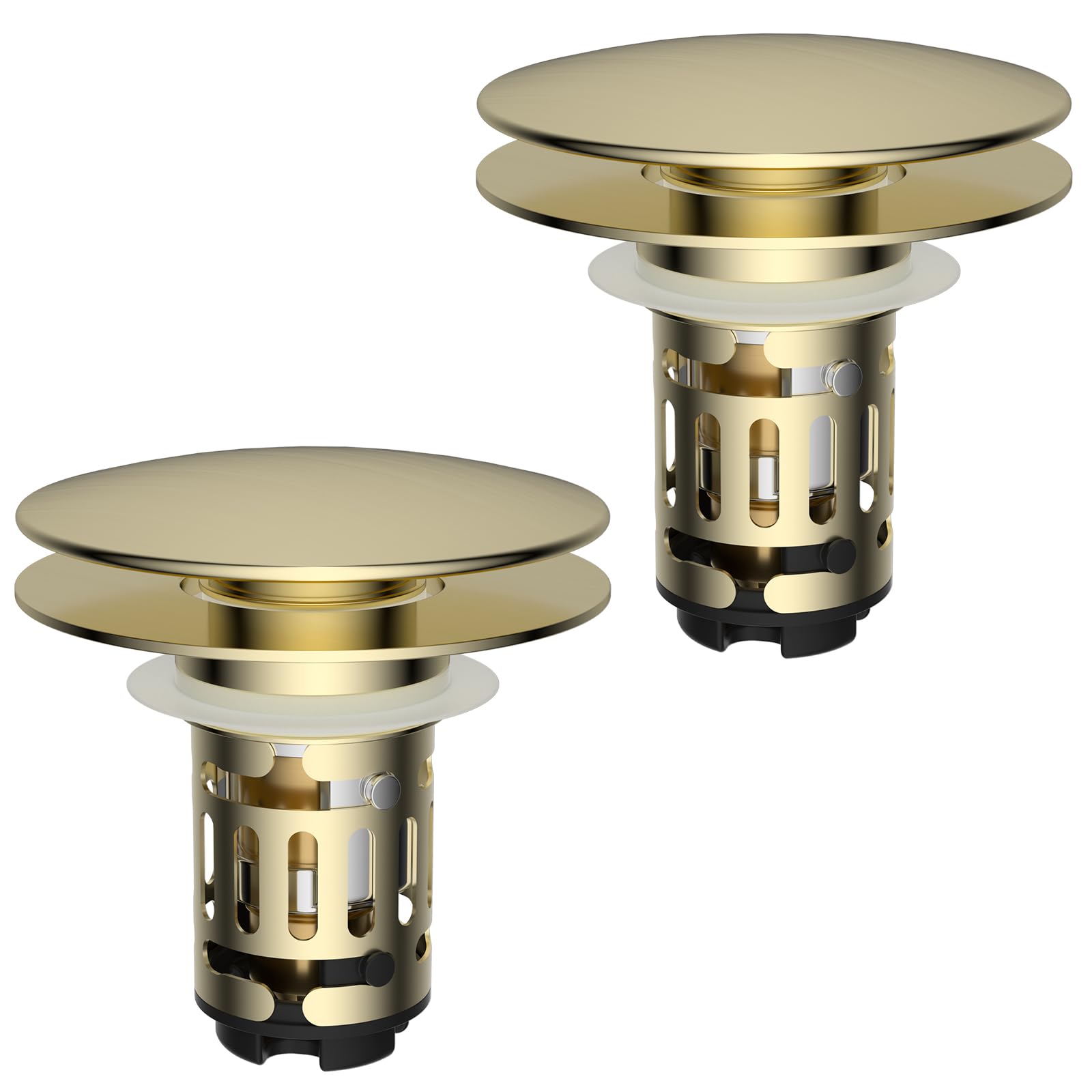 Hibbent 2 Pack Upgraded 3 in 1 Bathroom Sink Drain Strainer, Pop Up Sink Stopper with Big Cap, Anti-Clogging Metal Filter Basket,Sink Plug with Hair Catcher for 1.1''~2.36'' Basin, Brushed Gold