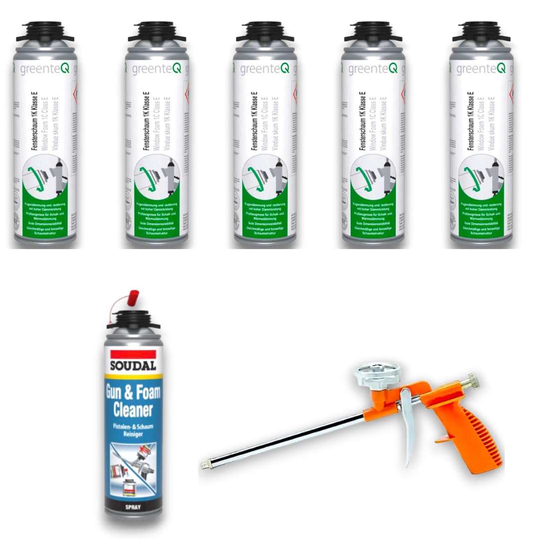 Montageschaum Pistolenschaum 1K Schaum 500ml Kombiset inkl. Pistole + Reiniger/Multischaum Fensterschaum hohe Schalldämmung Wärmedämmung (500-1k-set-5)