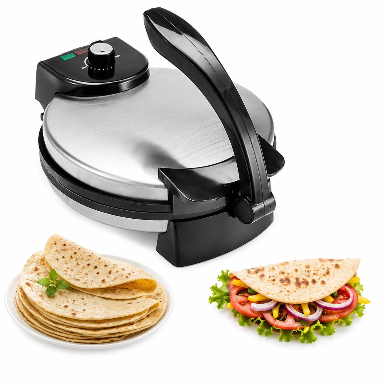 Roti Maker, Máquina Chapati Eléctrica Antiadherente, 1500W | Prensa for tortillas calefactora de doble cara con mango anti-escaldaduras. for pan naan y panes planos caseros