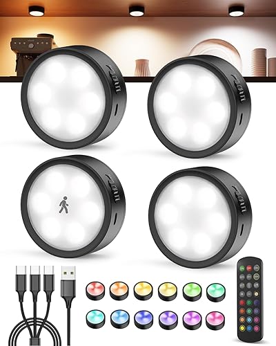 Radar Motion Sensor Puck Lights with Remote, 2400mAh RGB Rechargeable